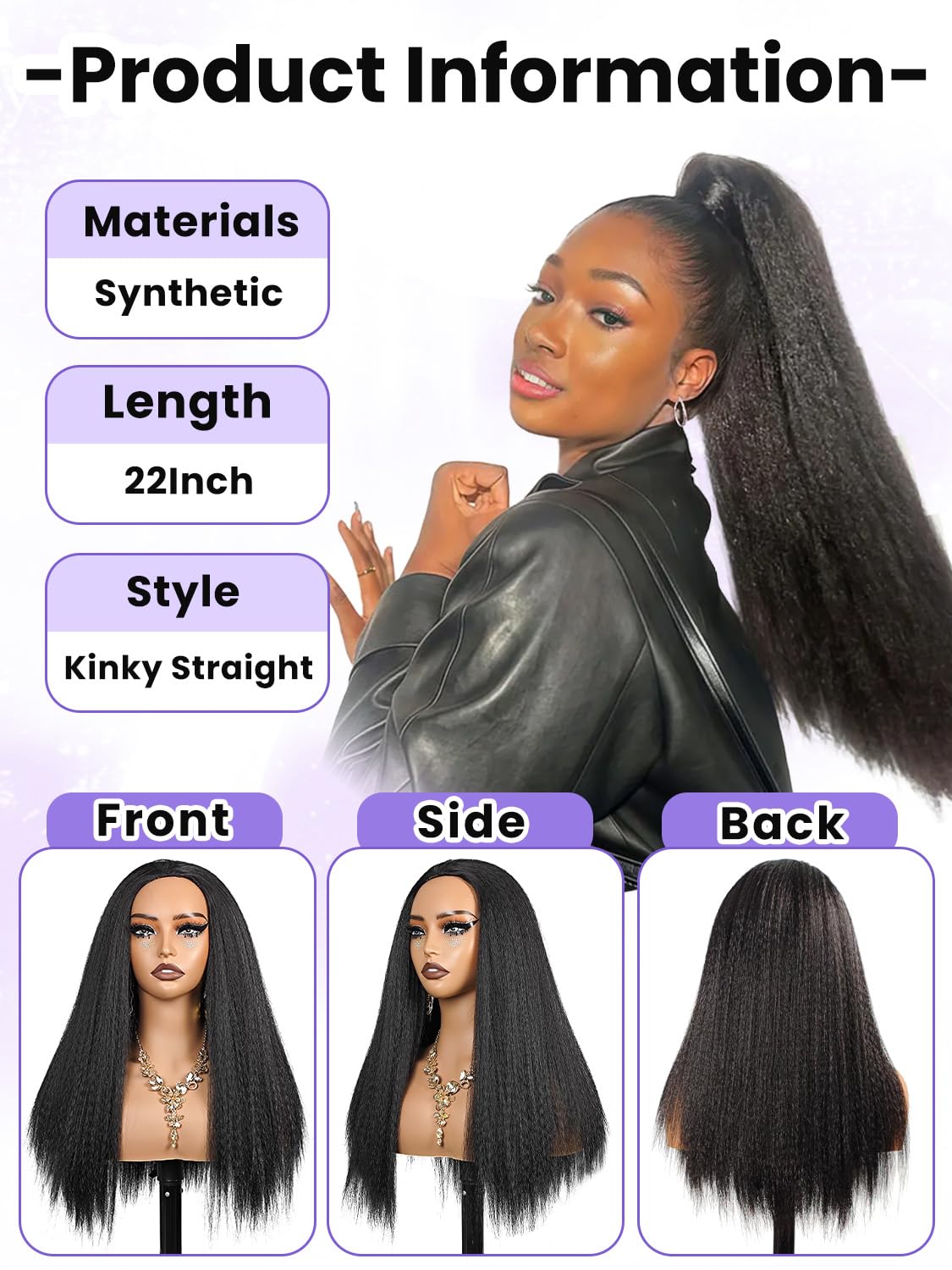 catti 3 In 1 Half Wig Kinky Straight Synthetic Hair Comfortable Fit Invisible Hairline Adjustable Drawstring Wigs for Seamless Hair Blending Ready to Go Headband Wig for Women 22 Inch