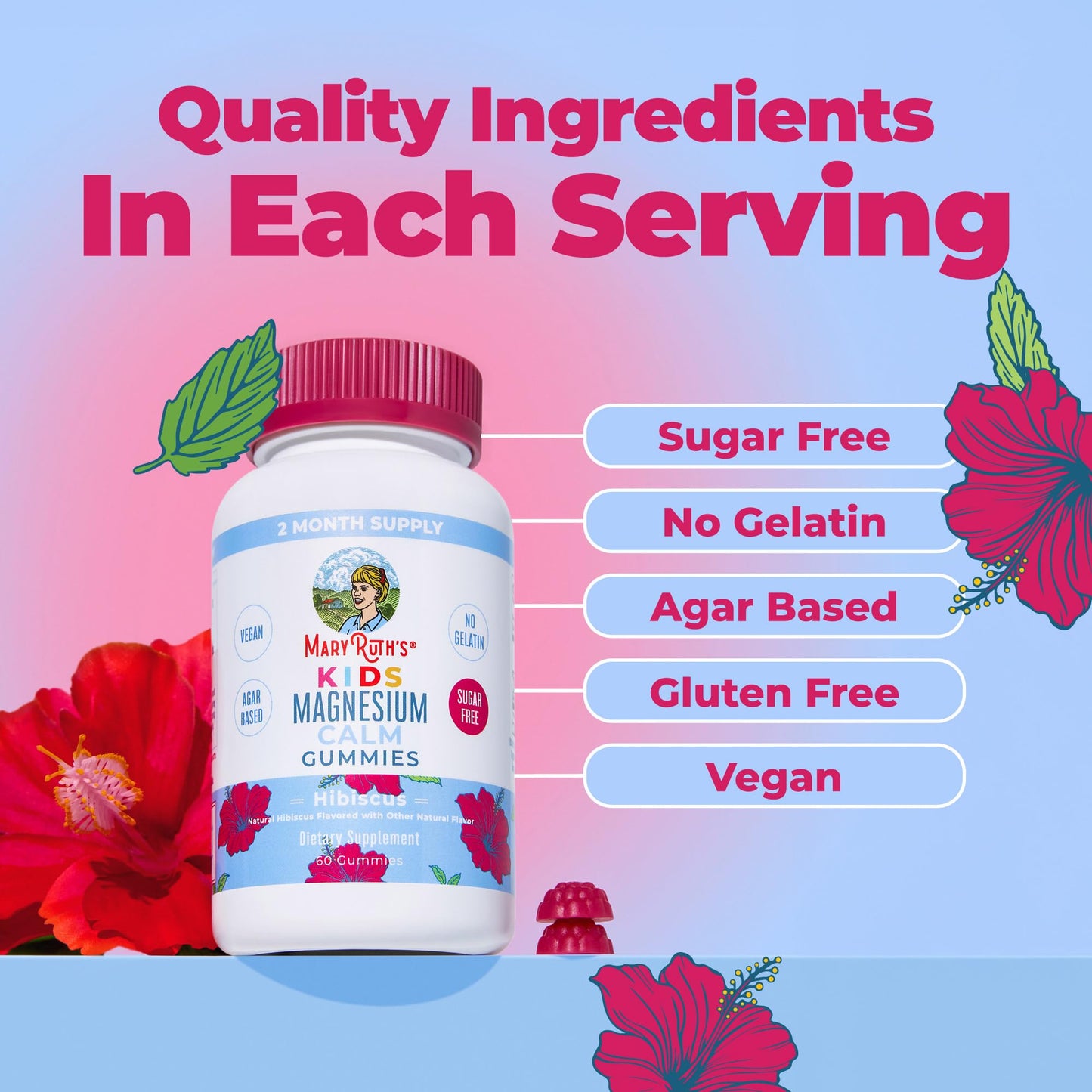 Kids Magnesium Calm Gummies by MaryRuth's | Sugar Free | 50mg Magnesium Citrate Gummies for Kids 4+ | Bone Health | Calcium Absorption | Essential Mineral | Vegan | 60 Count | 2 Month Supply