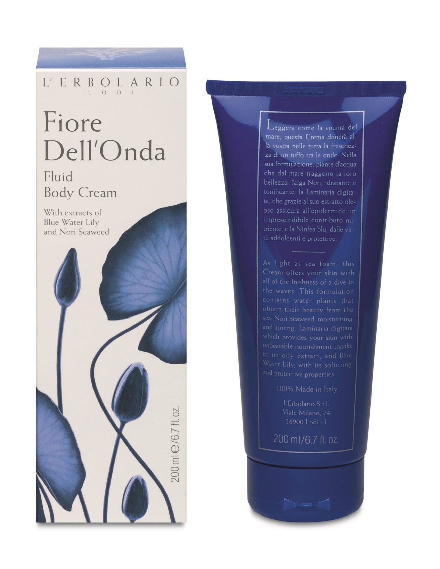 L’Erbolario Fiore Dell’Onda Fluid Body Cream - Dry Skin Moisturizing Cream with Vitamin E - Seaweed and Water Lily - Fresh, Marine Fragrance - 6.7 oz