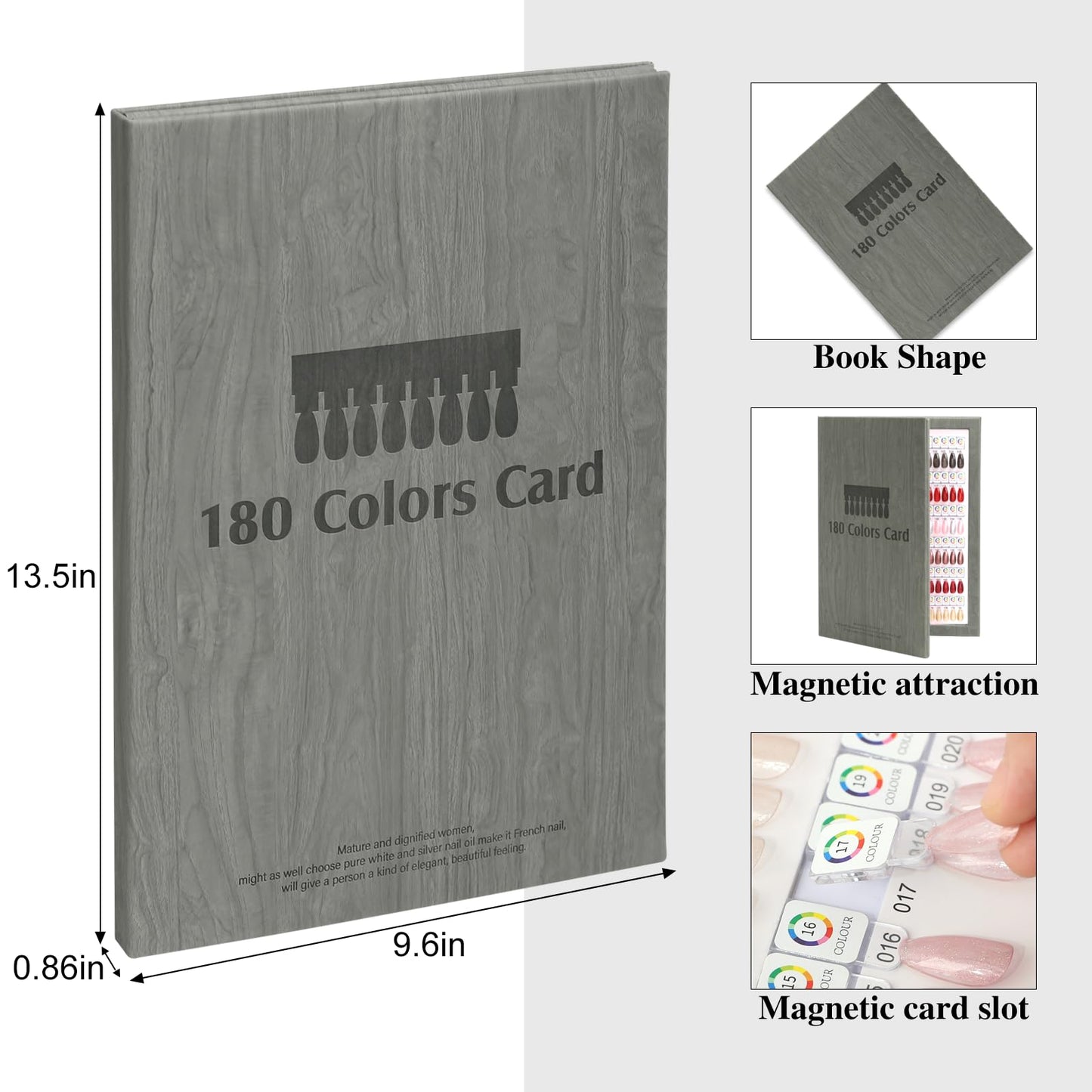 C12rtive 180 Magnetic Nail Swatch Book,Leather Magnetic Color Display Book with 192 Magnetic Tips & 1-180 Number Labels,Perfect for Nail Polish Nails Art Design(Grey)