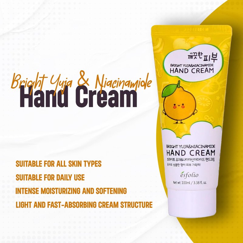 esfolio Yuja Vitamin C Hand Cream – Deep Hydration with Yuja Extract – Nourishing, Fast-Absorbing Hand Moisturizer for Dry, Rough Skin – Korean Skincare for Soft & Smooth Hands (3.38 OZ/100ML)