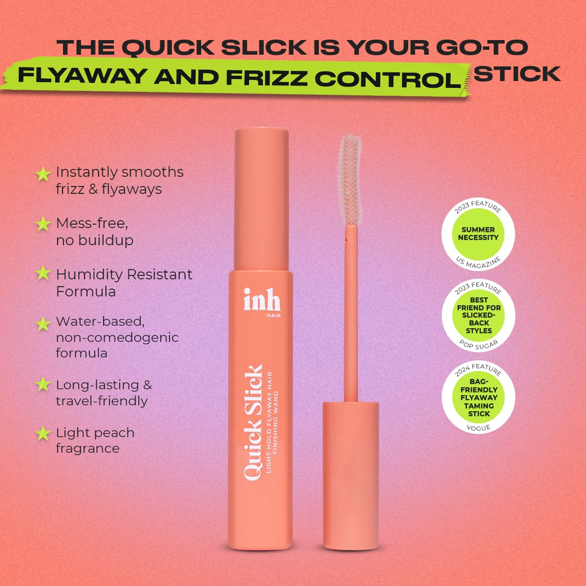 INH Hair Mascara for Flyaways | Quick Slick Hair Finishing Stick for Flyaways, Frizz Control, & Slick Back Look | Non Greasy & Non Comedogenic Smoothing Serum & Frizz Tamer Wand | Peach Tart, 18ml