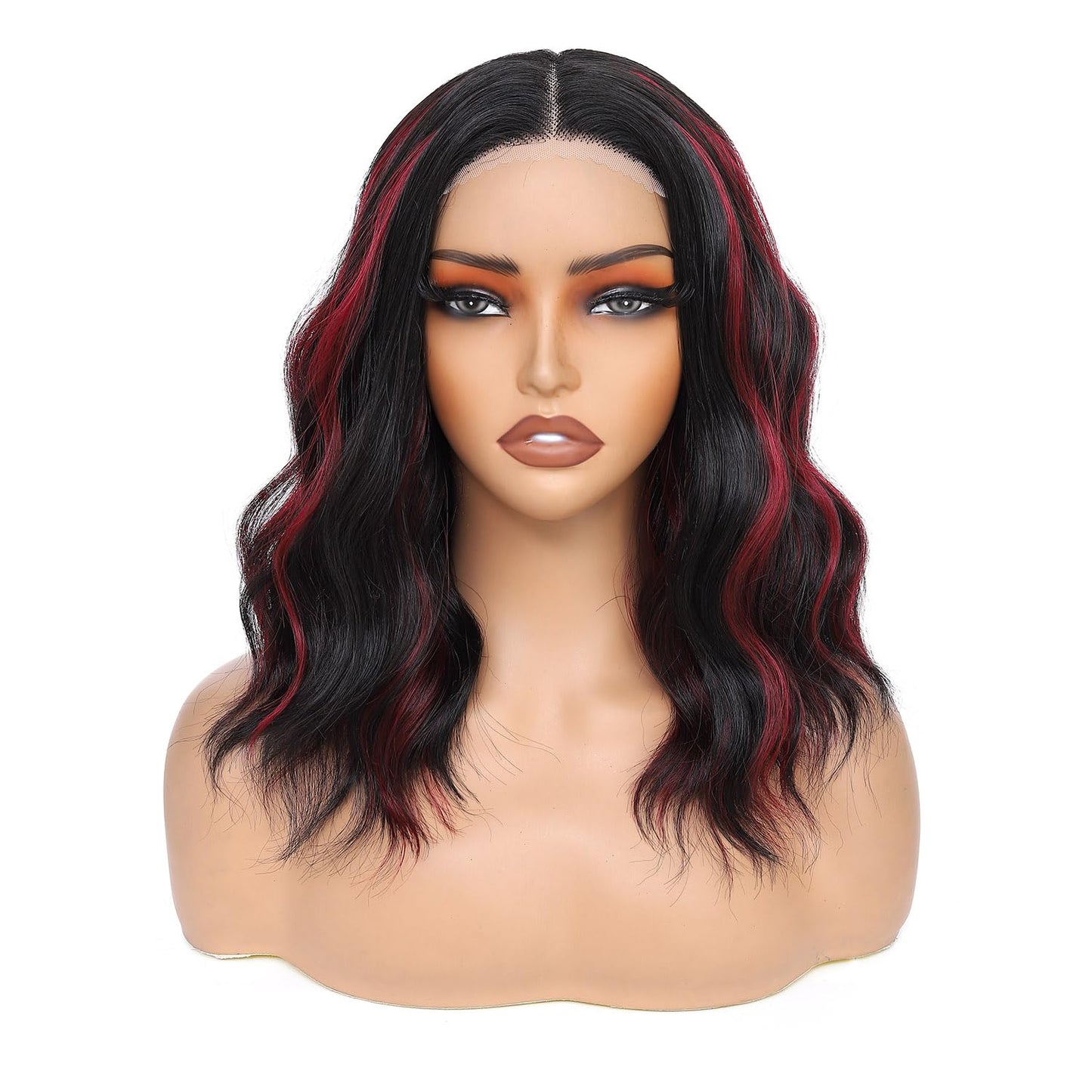 Rushinice Short Wavy Black Mixed Red Wig for Women, Lace Hairline Middle Part Bob Style Heat Resistant Synthetic Wigs Natural Looking for Daily Party 14 Inch