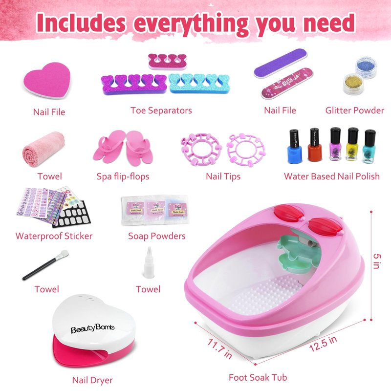 Kids Spa Day Kit for Girls，Kids Foot Spa & Nail Kit Set，Massage Foot Soak Tub and Nail Dryer，Kids Toys Manicure Pedicure Art Salon，Birthday Gifts for Girls 5 6 7 8-12，Pink