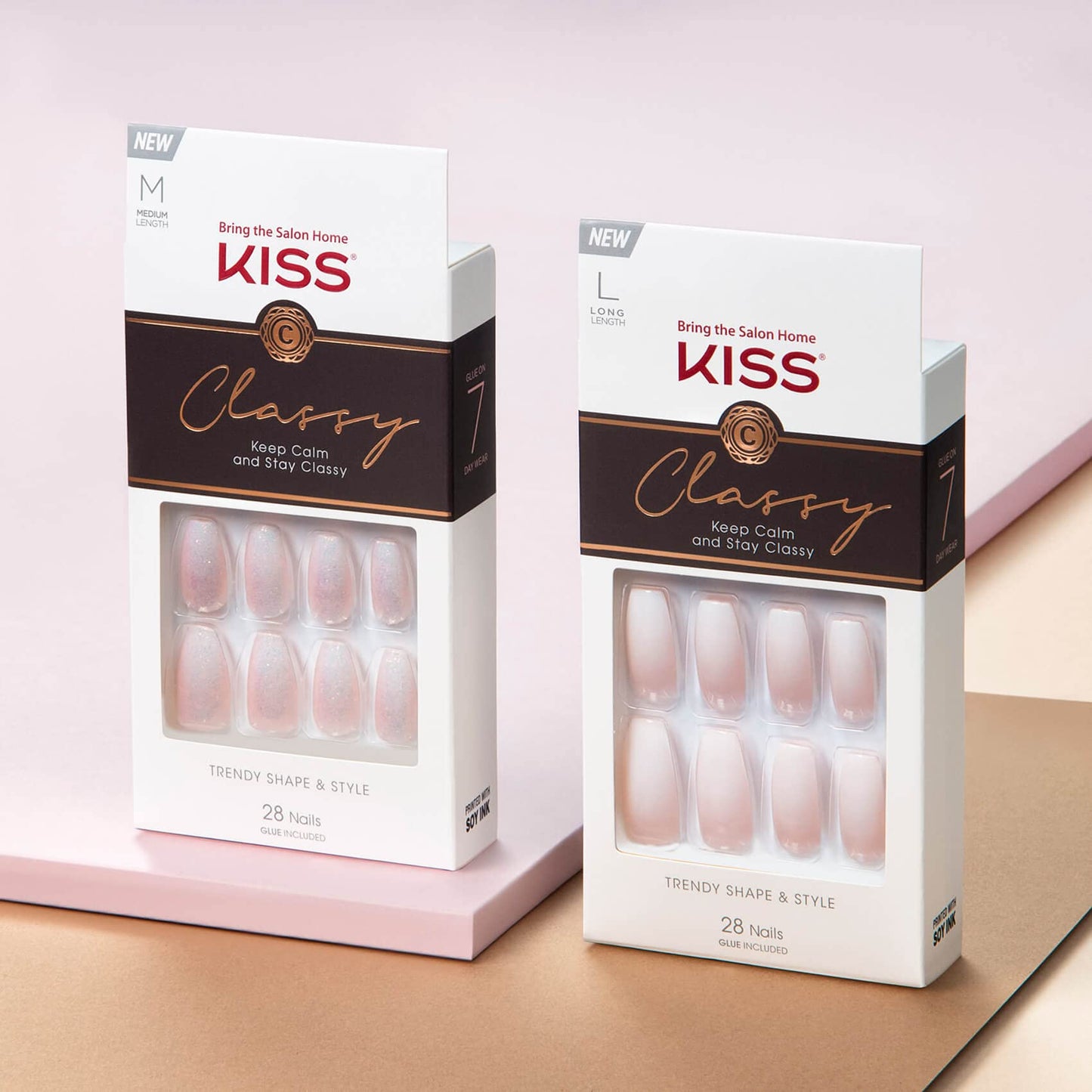 KISS Classy French Nail Manicure Kit with Gel Finish,Medium, Coffin Shaped, Includes Pink Nail Glue (Net Wt. 2 g / 0.07oz.), Mini Nail File,Manicure Stick,and 28 Fake Nails,Cozy Meets Cute', 28 Count