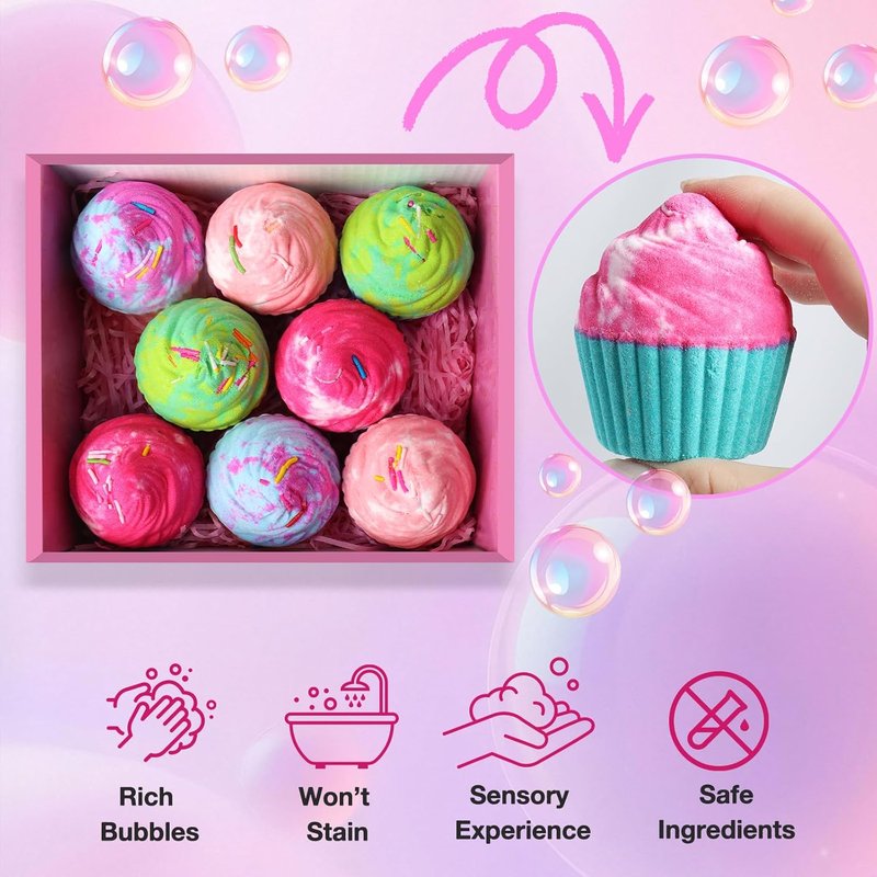 Bath Bombs for Kids - Surprise Jewelry Inside | 8 Cupcake Fizzy Spa Balls for Girls, Teens & Birthday Gifts