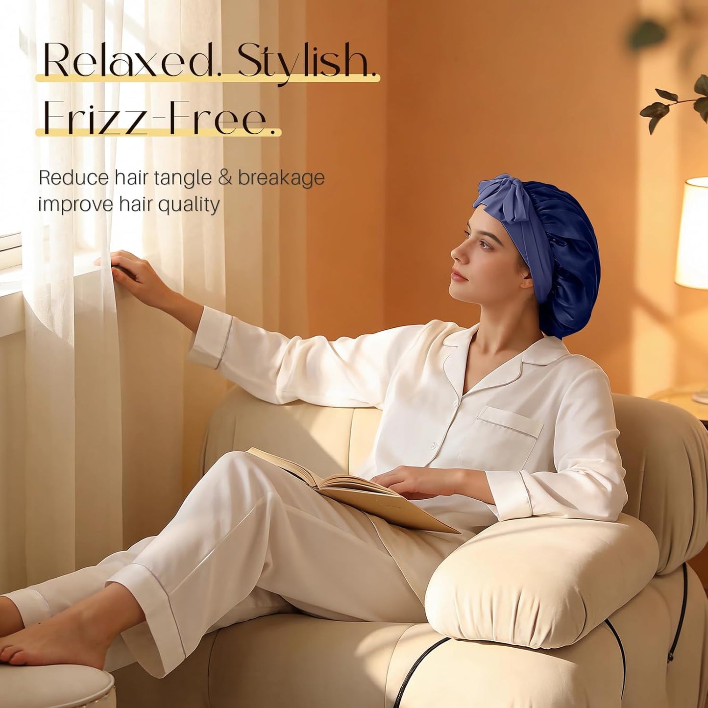 ZIMASILK 100% Mulberry Silk Bonnet - Double Layer Hair Wrap for Long Hair | Navy Blue