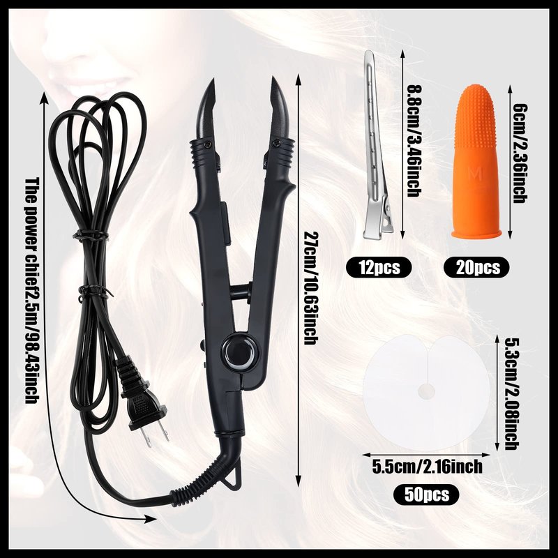 Keratin Hair Extension Kit: Heat Iron, Keratin Glue Granules, Protector Templates, Hair Clips, and Finger Protector(Black)