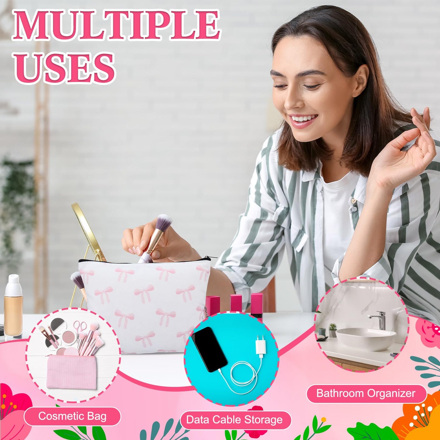 Reallnaive 18 Pcs Pink Bow Glass Cups with Lids Coquette Party Favors Bow Cosmetic Makeup Bag Pink Hair Scrunchies Ties for Pajama Party Bridesmaid Bridal Birthday Wedding Valentines Christmas Gift