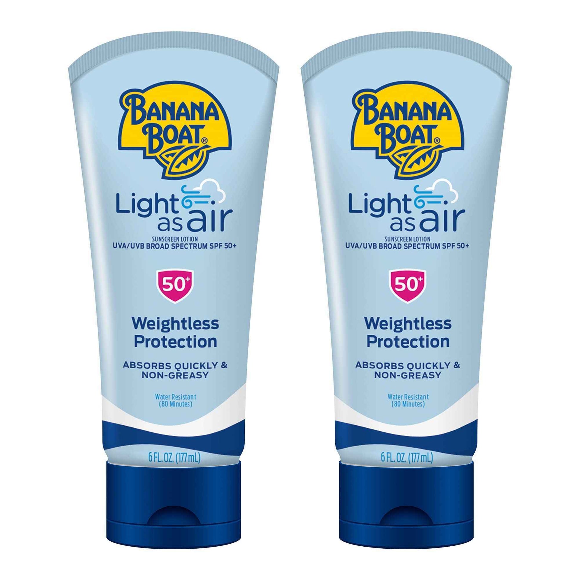 Banana Boat Light As Air Sunscreen Lotion SPF 50 Twin Pack | Lightweight & Non-Greasy Lotion Sunscreen SPF 50, Sunblock, Oxybenzone-Free, 6oz each
