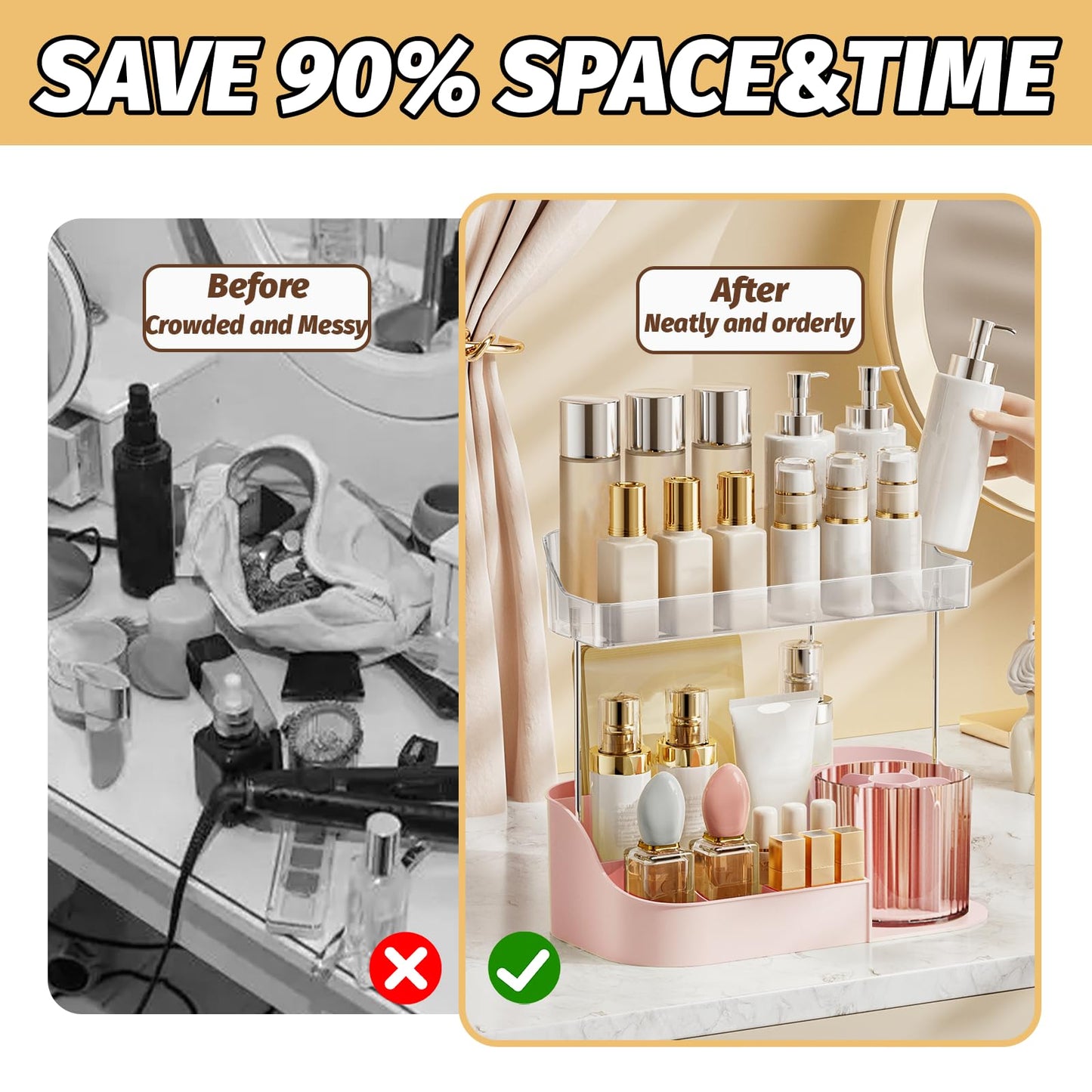 DASITON Large Capacity Makeup Organizer with 360° Rotating Makeup Brush Holder, Perfume and Skincare Storage Organizers for Vanity Bathroom Countertop, Cosmetic Display Case (Pink, 2 Tier)