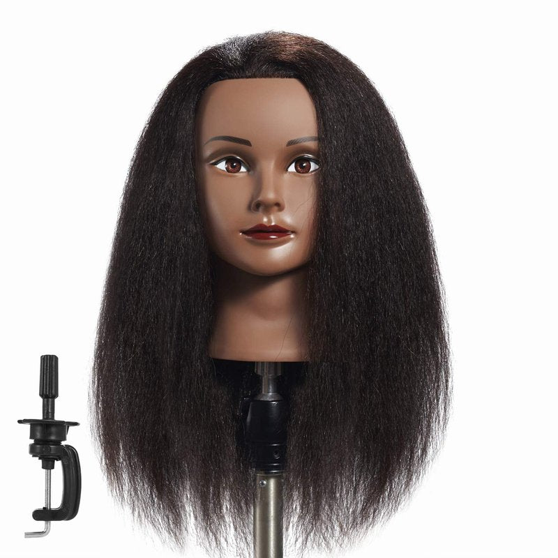 Mannequin Head 100% Real Hair Training Head Manikin for Hairdresser Training and Styling Practice Cosmetology Doll Head Practice Braiding Hair - With Clamp Stand