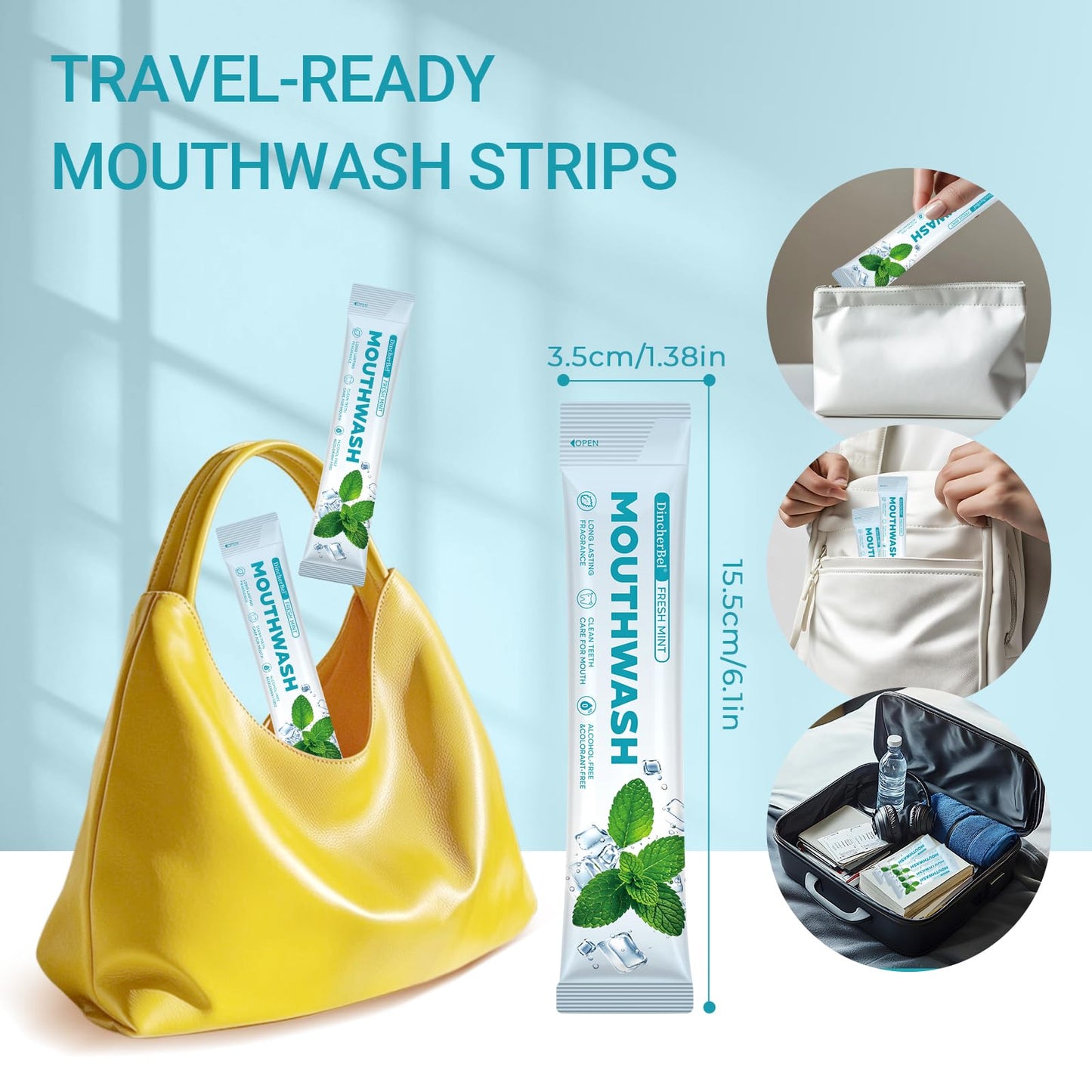 Dincherbel Travel Mouthwash Packets (60 Count) - Alcohol & Fluoride Free Natural Mint Mouth Wash - TSA Approved Individual Packets - Portable, Leak-Proof Sachets for Bad Breath, Gum Health & Dry Mouth