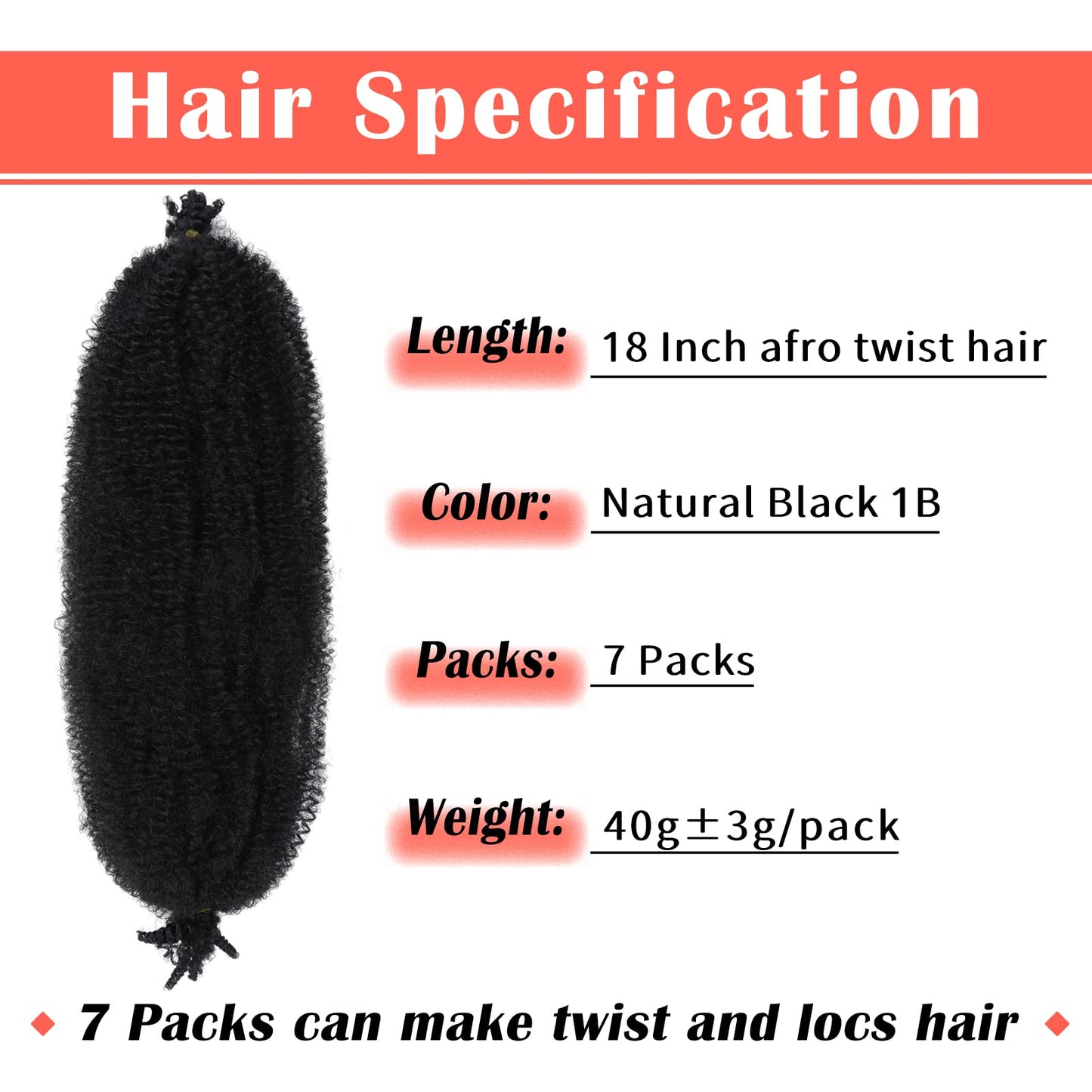 Marley Twist Braiding Hair 18 Inch Black 7 Packs Afro Twist Hair Pre Separated Spring Twist Hair Pre Fluffed Cuban Twist Hair Synthetic Wrapping Hair Extensions for Soft Locs (18",1B)