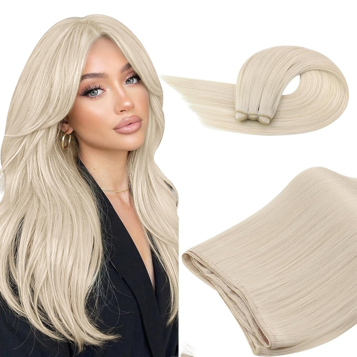 Ugeat Weft Hair Extensions Human Hair, Hair Extensions Sew in Blonde, Sew in Extensions 14 Inch 80g Platinum Blonde, for Short Hair