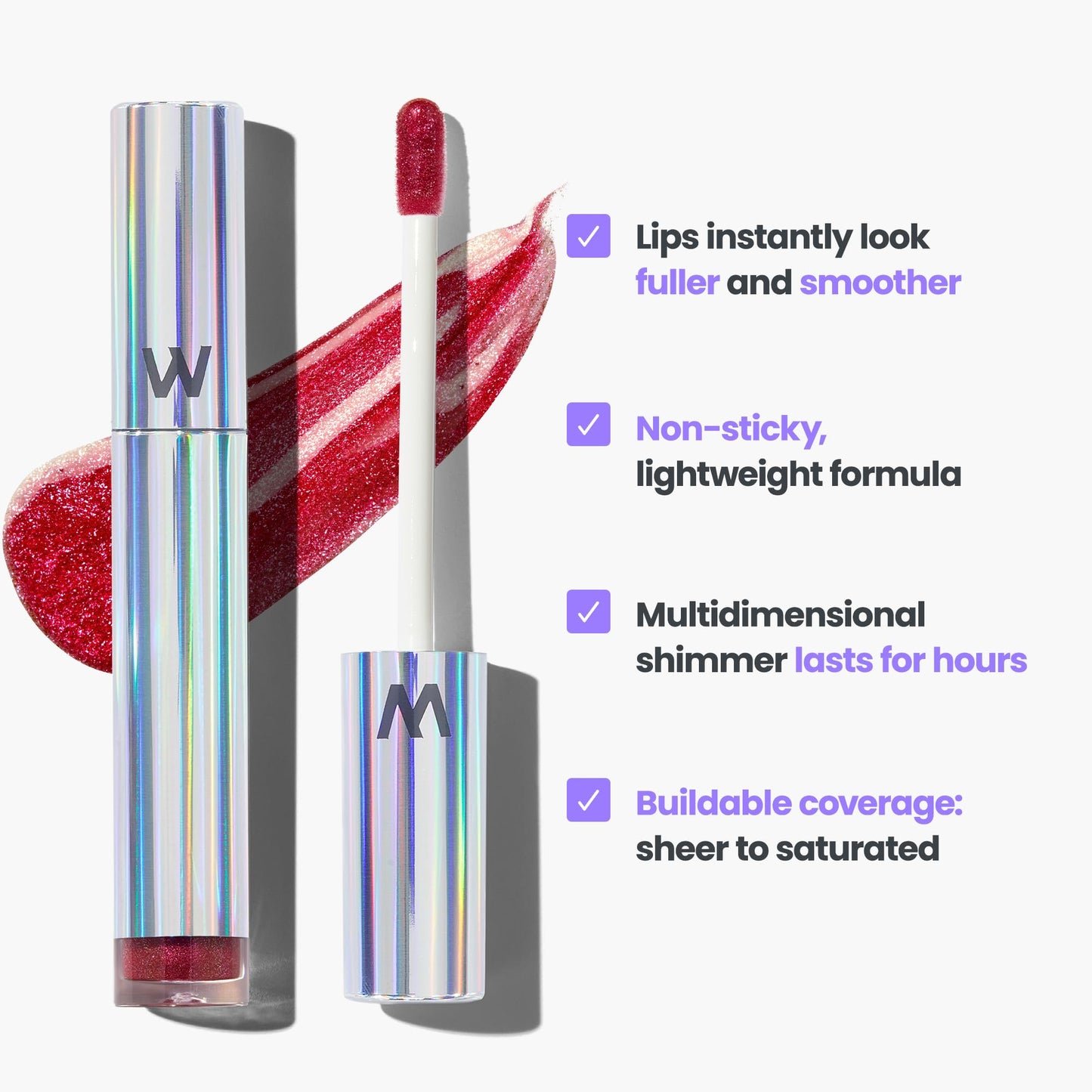 Wonderskin Lip Gloss – Wonder Blading Top Gloss, Hydrating High Shine Lip Makeup (Red Glitter)