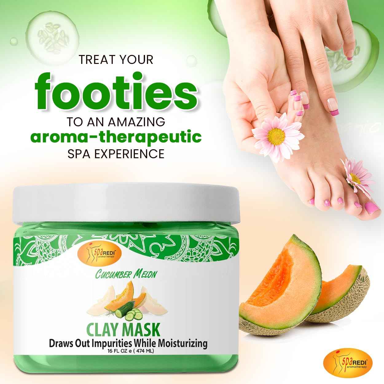 SPA REDI - Clay Mask, Cucumber and Melon, 16 Oz - Pedicure and Body Deep Cleansing, Skin Pore Purifying, Detoxifying and Hydrating