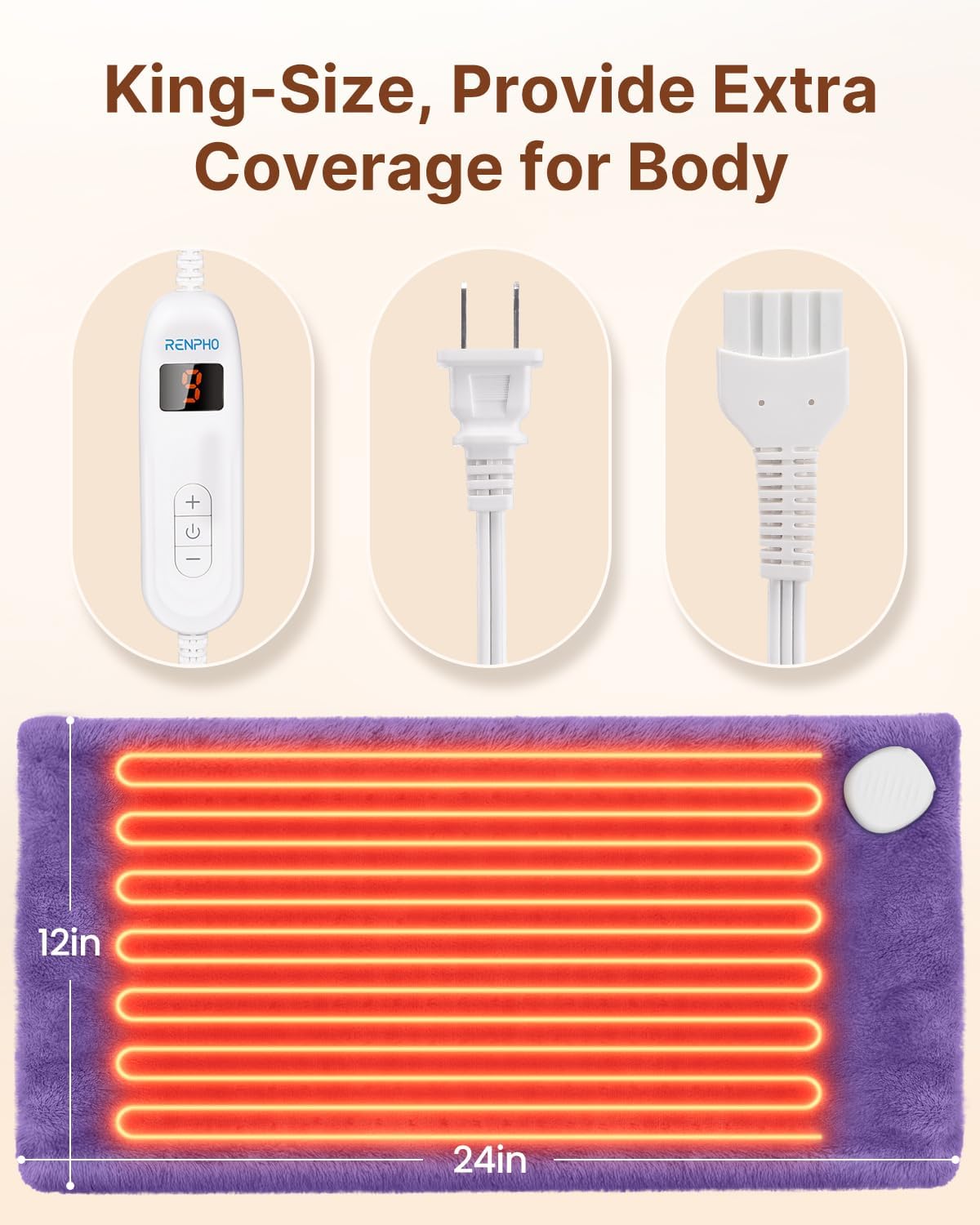RENPHO Electric Heating Pad for Back Pain Relief - ETL Certified, Auto Shut Off | 12" x 24" Violet