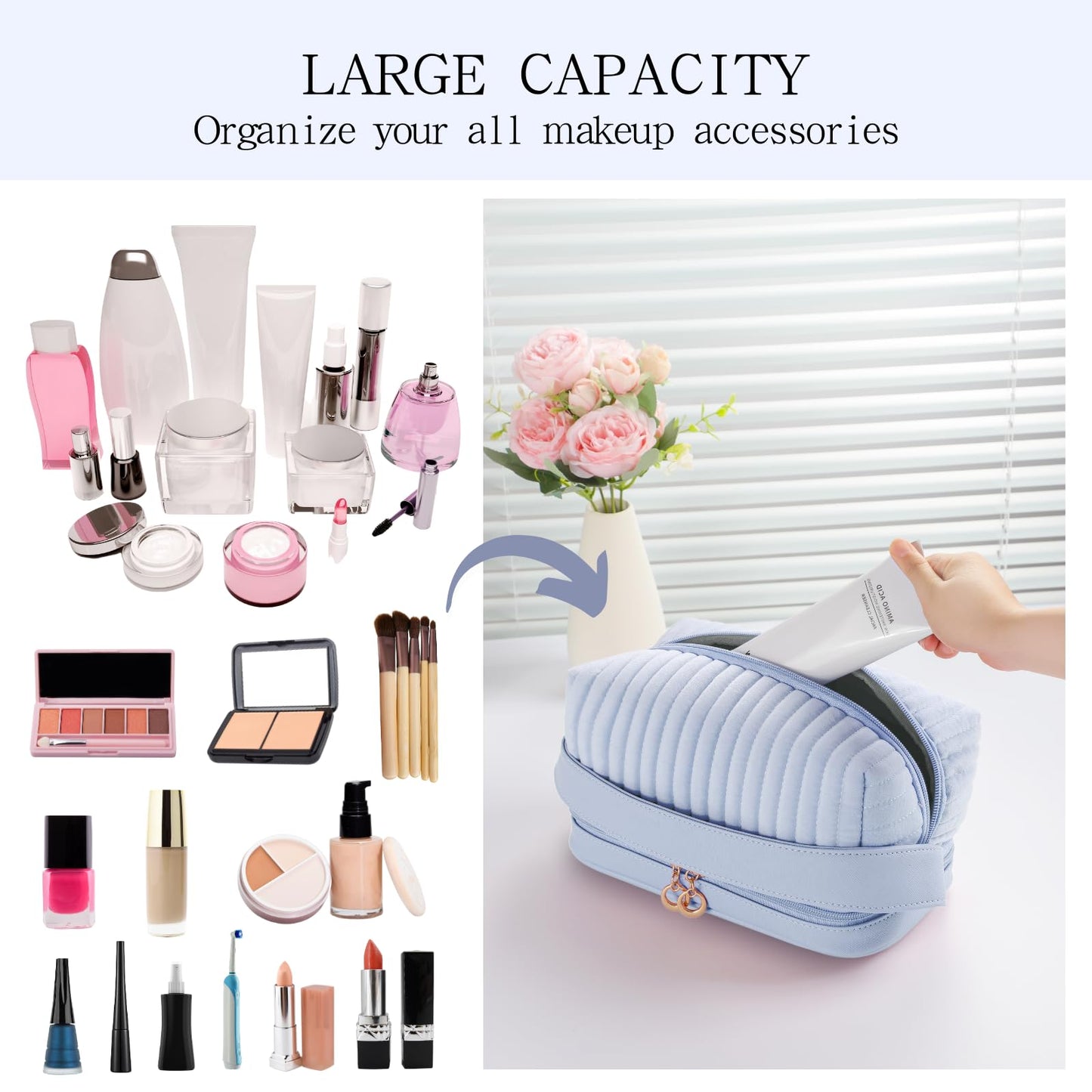 SEAMOON Large Travel Leather&Quilted Makeup Cosmetic Bag Organizer Case with Compartments Cosmetiquera Toiletry Bag(Blue)