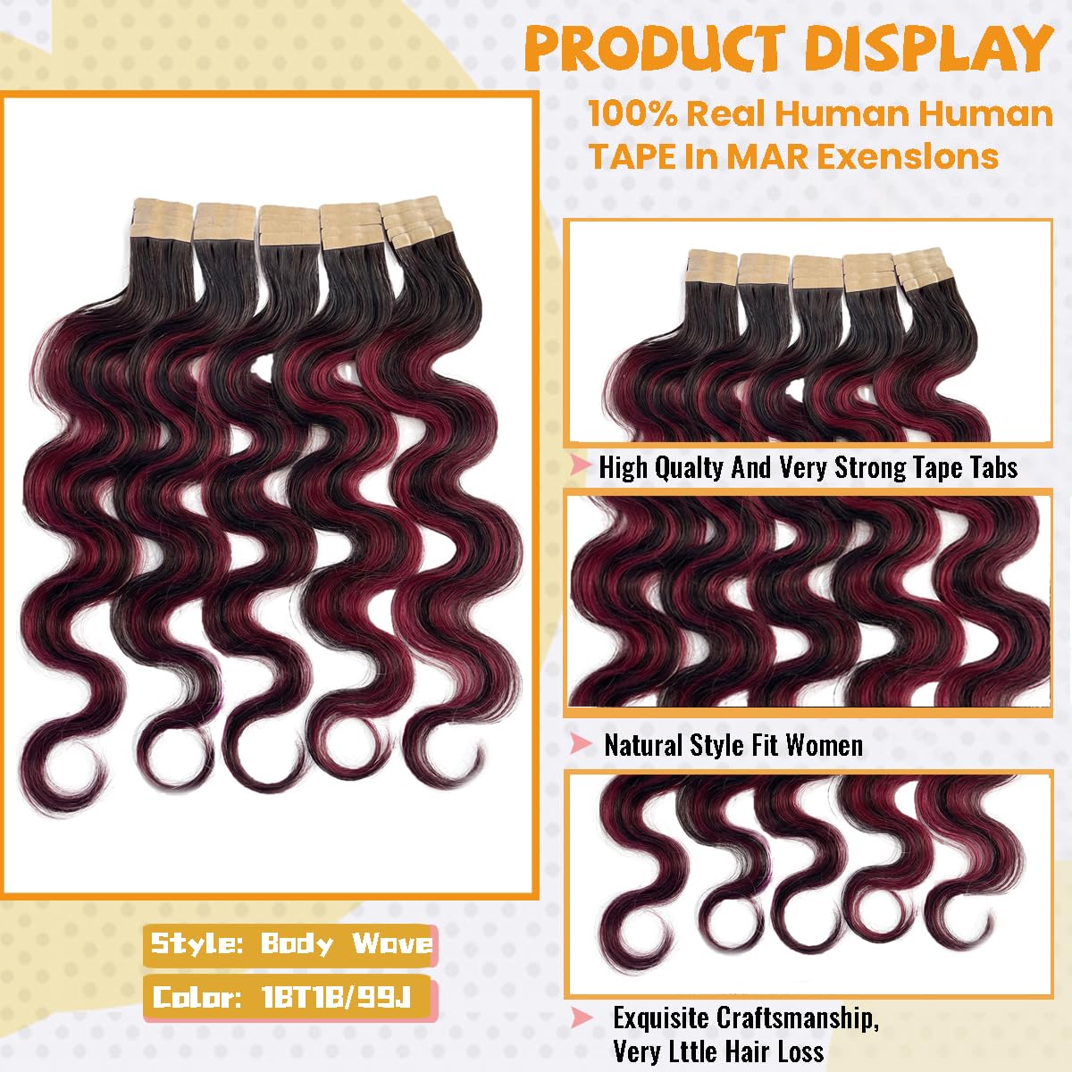 Ombre Body Wave Tape in Hair Extensions - Black to Wine Red Human Hair Balayage for Women - Burgundy Wavy Real Hair Extensions 20pcs 50g