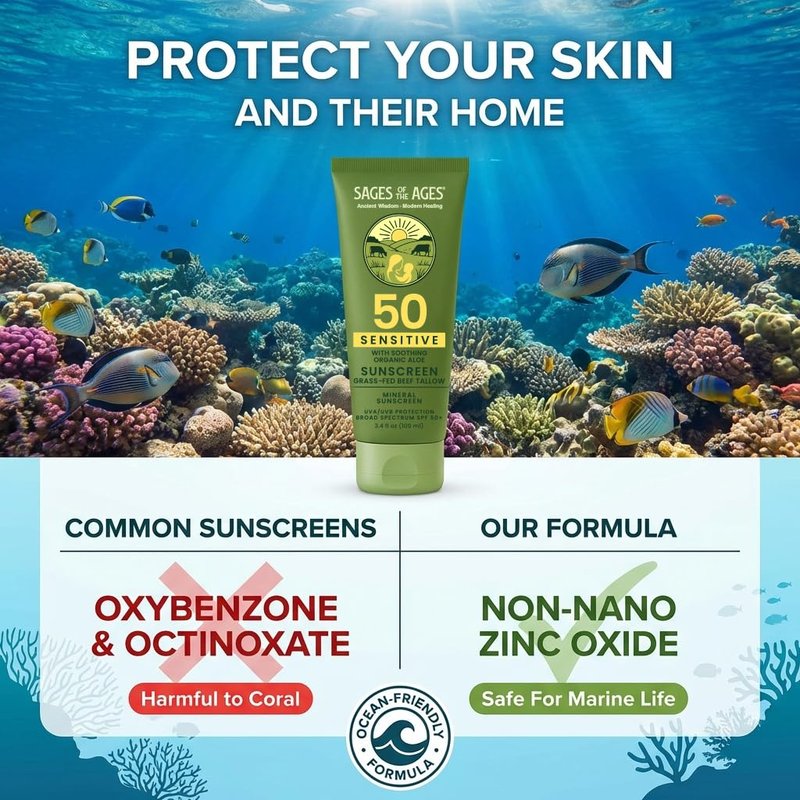 Grass-Fed Tallow Mineral Sunscreen SPF 50 — No White Cast, Non-Nano Zinc Oxide, Reef Safe UVA/UVB, Water Resistant 80 Min, Moisturizing & Soothing with Aloe Vera, Face & Body, 3.4 oz
