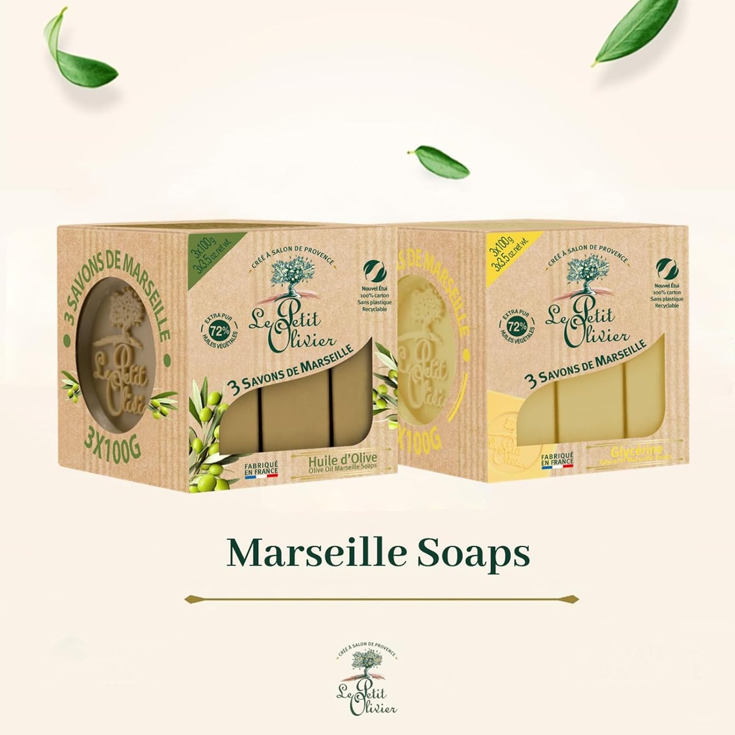 Le Petit Olivier Olive Oil Marseille Soap - Enriched with Natural Extracts | 3 x 3.5 oz - Gentle & Cruelty-Free