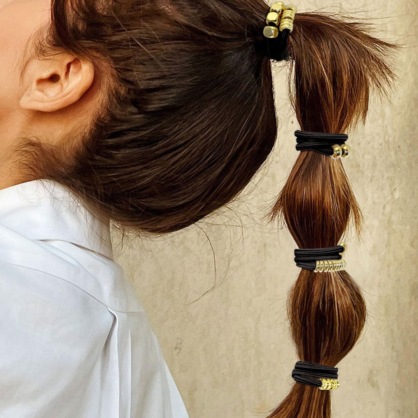 Black Boho Hair Ties Bracelets for Women, Cute Elastic Pony Tails Hair Ties No Damage Beaded Hair Accessories for Girls Decorative Hair Tie Bracelet with Bead Hair Bands with Gold Jewelry for Gifts