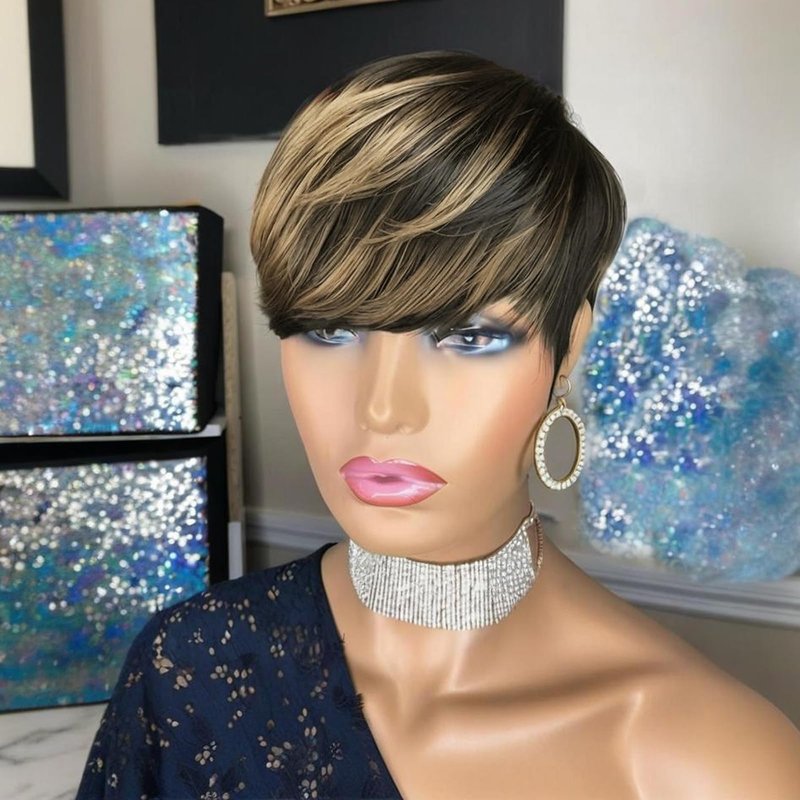 Short Layered Pixie Cut Wig Human Hair for Black Women Multicolor Brazilian Virgin Straight Human Hair Pixie Wigs with Bangs Glueless None Lace Front Full Machine Made Wigs Black and Blonde 1B27