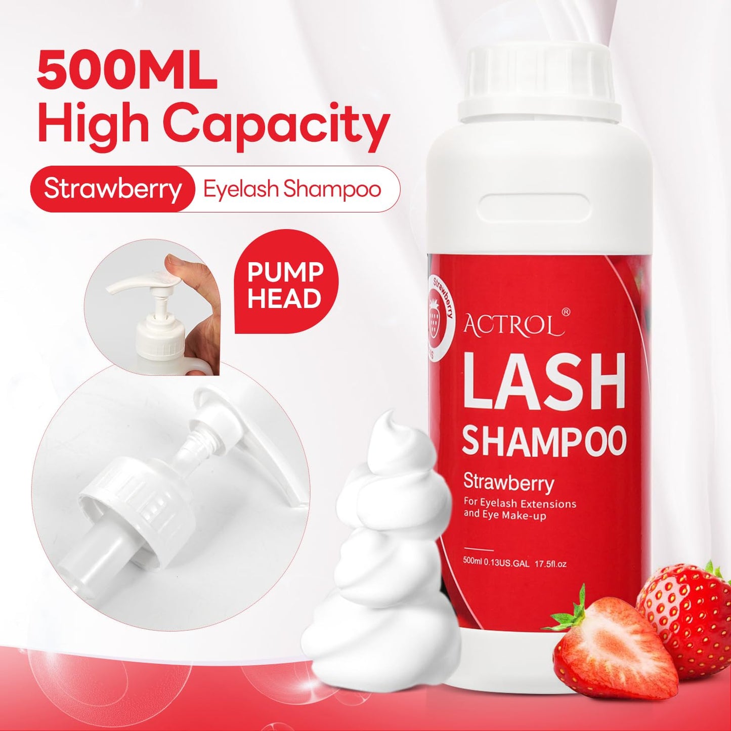 ACTROL Eyelash Extension Cleanser 500ml Strawberry Natural Lash Extension Shampoo Professional Eyelid Foaming Cleanser Paraben & Sulfate Free Non-lrritating with Salon and Home Care