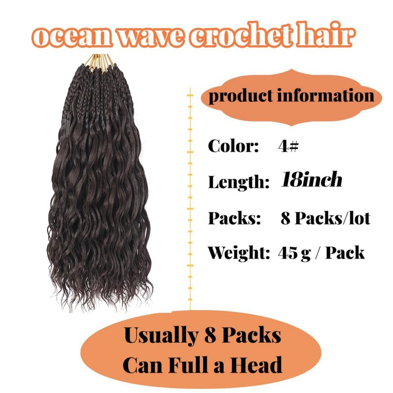 pojui 18 Inch Ocean Wave Crochet Hair 8 Packs - Synthetic Pre-Looped Deep Wavy Curly Braiding Hair for Black Women, Boho Style Hair Extensions (18inch,4#-8 Packs)