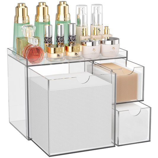 Youdepot Clear Acrylic Face Towel Holder with 3 Drawers, Disposable Face Towel Organizer for XL Facial Towels, Cotton Pads, Swabs, Skincare Tools, Bathroom Vanity Countertop Storage