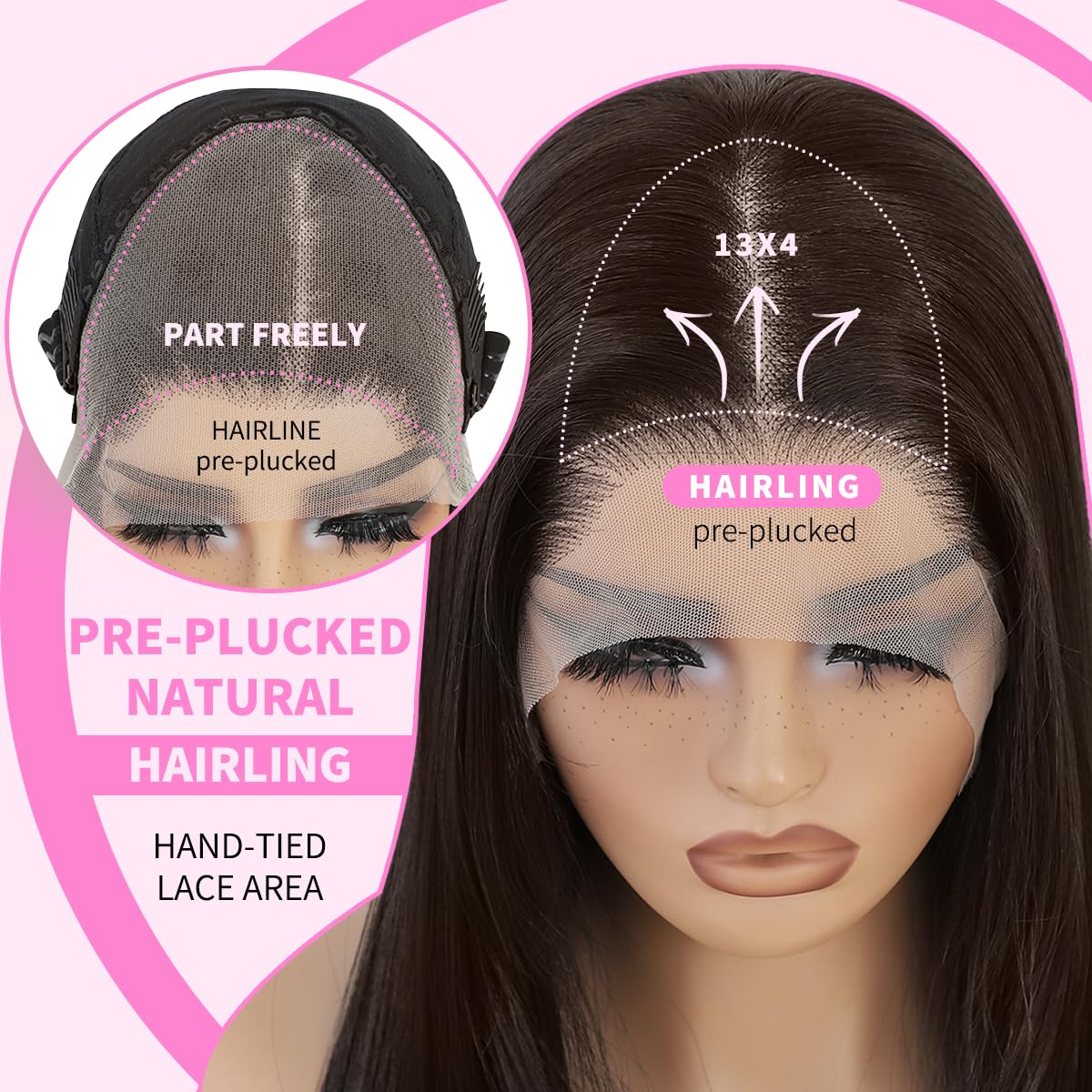 Synthetic 13x4 Lace Front Wigs Pre Plucked Chocolate Brown Straight Wigs For Women Ready to Wear Glueless Wig With Bangs Long Layered Straight Wigs 100% Futura Premium Fiber 26 Inch Beginner Friendly