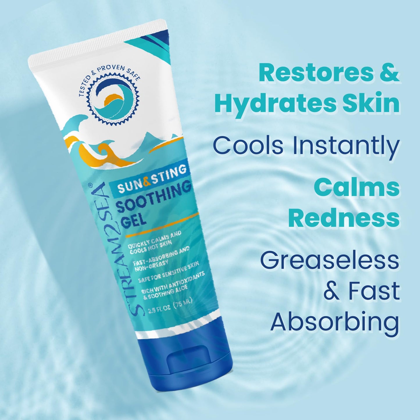 STREAM 2 SEA Sun & Sting Soothing Gel — Sunburn, Insect Bite & Jellyfish Sting After-Sun Care, Antioxidant Blend with Aloe, Green Tea & Wakame, Biodegradable Travel Size, 2.5 Fl Oz