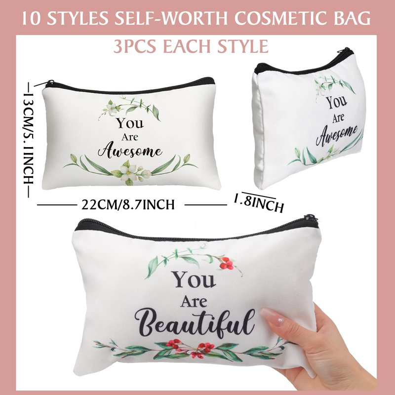Irenare 30 Pcs Inspirational Cosmetic Bags Bulk Motivational Quote Floral Canvas Makeup Zipper Pouch, Church Mothers Day Gifts for Women Christian Appreciation Gifts for Mom Friends Coworkers Employee