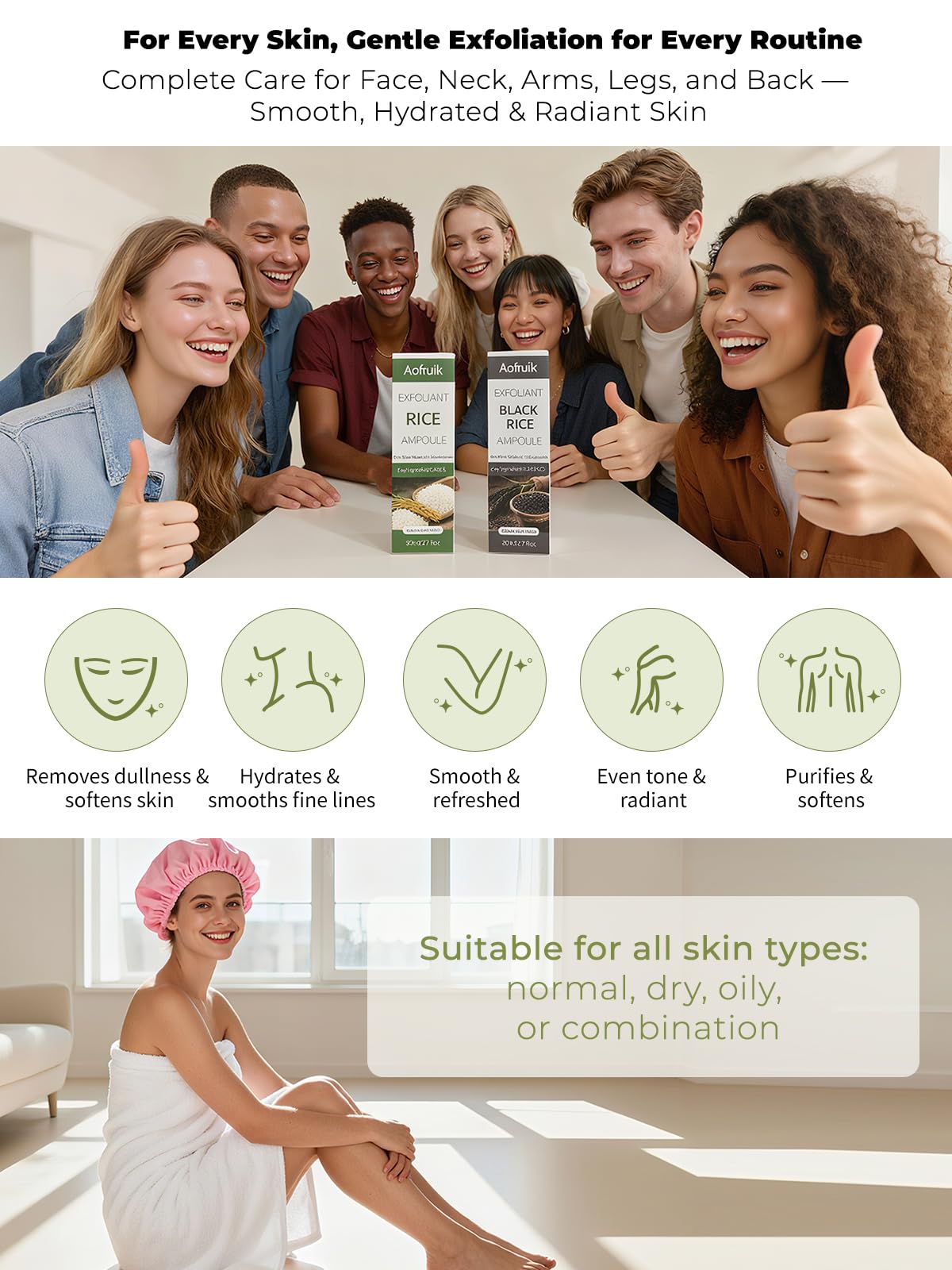 Aofruik Rice Exfoliating Ampoule Set, Black & White Rice Peeling Ampoule, Exfoliating Face and Body Scrub Dead Skin Cells, Blackheads Remover for All Skin Types (Rice)