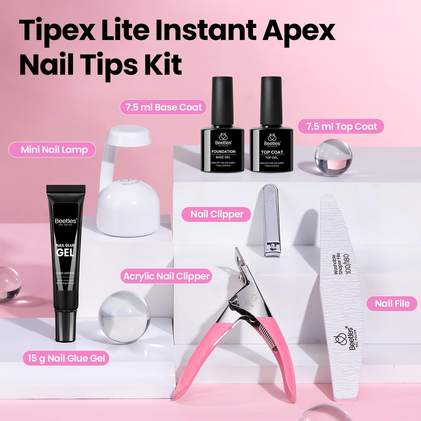 Beetles Tipex Lite Apex Nail Tips Kit, Short Square, 192pcs 16 Sizes,with Solid Nail Glue, Base & Top Coat, Mini UV Lamp, Nail Clipper & Cuticle Nipper, for DIY Salon-look Extensions Kit