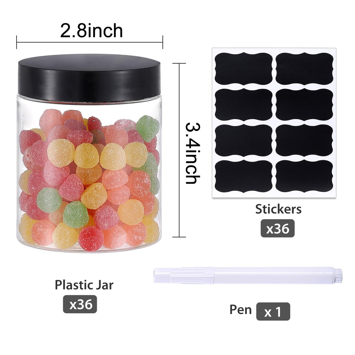 36PCS16OZ Plastic Jars with Screw On Lids, Labels Refillable Empty Round Slime Containers for Storing Dry Food, Honey Jam, Cream, Butter, Lotion (matte black)