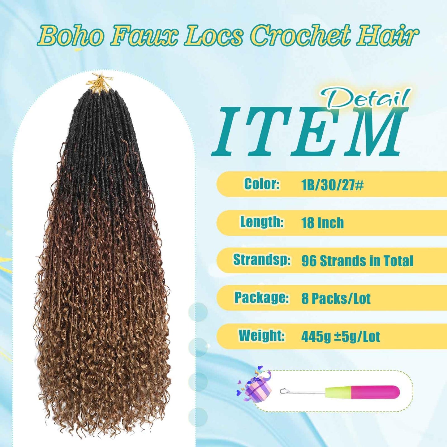 30 inch Boho Soft Locs Crochet Hair 8 Packs Boho Faux Locs Crochet Hair Pre-looped Goddess Locs Hair with Curly Ends Bohemian River Locs for Black Women (1B/30/27#）