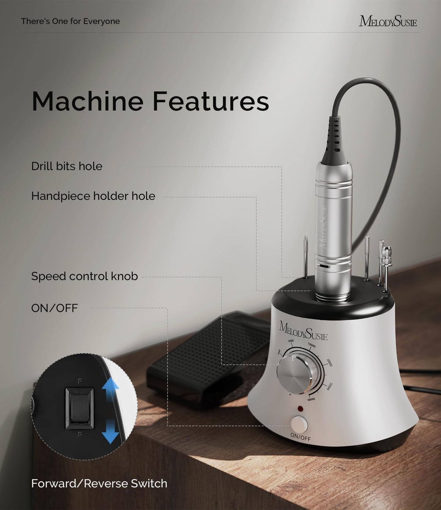 MelodySusie Multifunctional Desktop Nail Drill with Foot Pedal, SC320I 30000RPM E-File with Bit Holders & Elegant Design for Manicure Trimming, Shaping & Gel Removal, Ideal for Nail Artists & Home Use