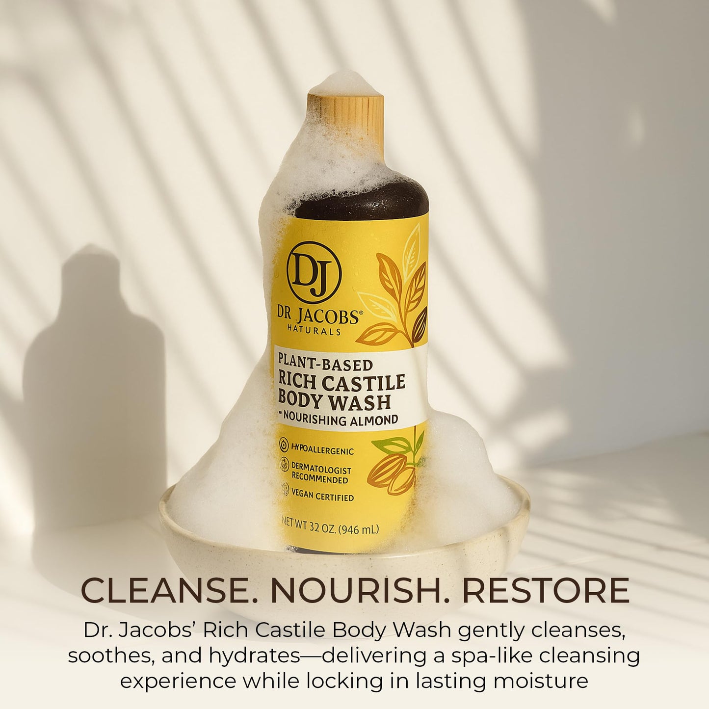Dr. Jacobs Naturals Pure Castile Soap Liquid Body Wash, Almond - Plant Based Castile Soap Infused with Vitamin E and Aloe Vera to Moisturize Dry and Sensitive Skin - Made in The USA - 32 oz, Pack of 2
