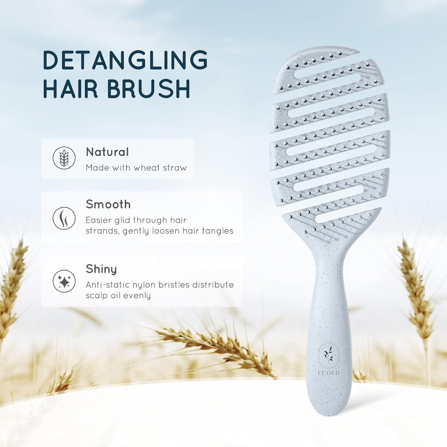 Ecoed Vented Detangling Hair Brush - Smooths Curly, Thick & Straight Hair | Eco-Friendly Blue Design
