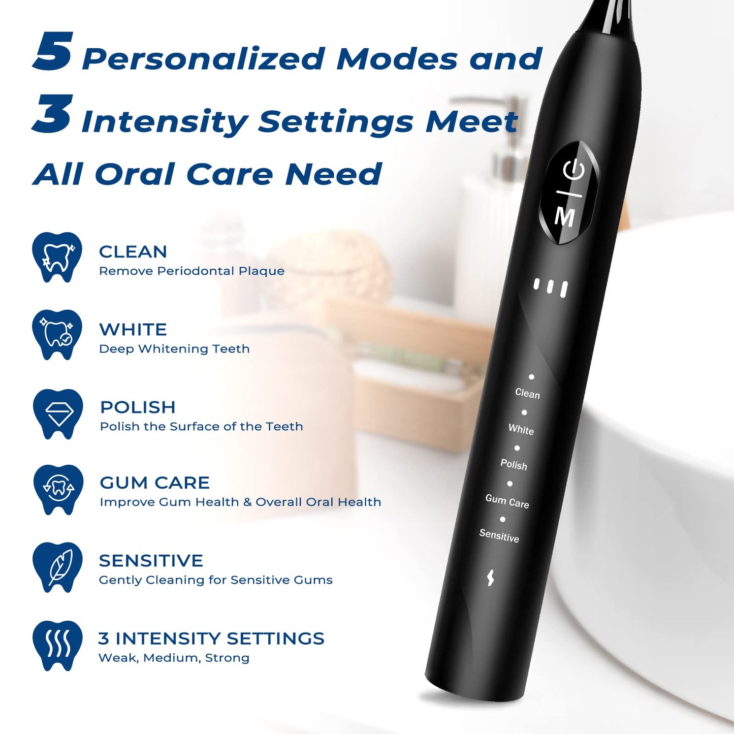PERBOL Sonic Electric Toothbrush for Adults, Rechargeable with 6 Replacement Brush Heads, 5 Modes and 3 Intensity, with 2-Minute Intelligent Timer and IPX7 Waterproof Technology, in Antique Black