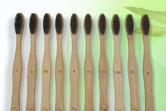 Crust Care Biodegradable Bamboo Toothbrush Family Pack (10-Pack) with Charcoal Bristles, Individually Packed + 2 Free Bamboo Tongue Cleaners - Oral Care Set