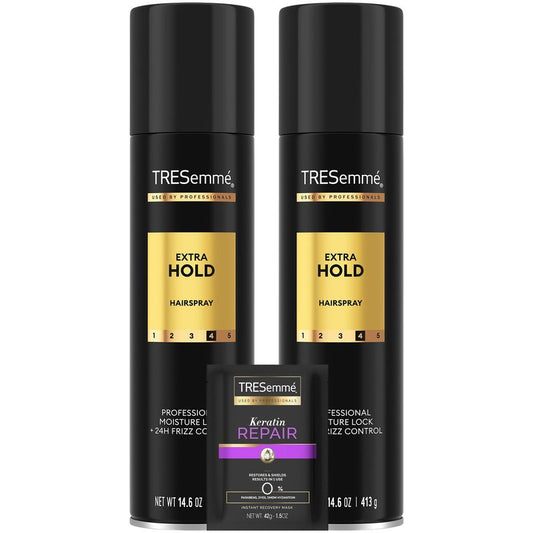 TRESemmé Hairspray, Extra Hold, 2-Pack, Moisturizing Hair Spray, 24H Frizz Control + Keratin Repair Mask (3 Piece Set)