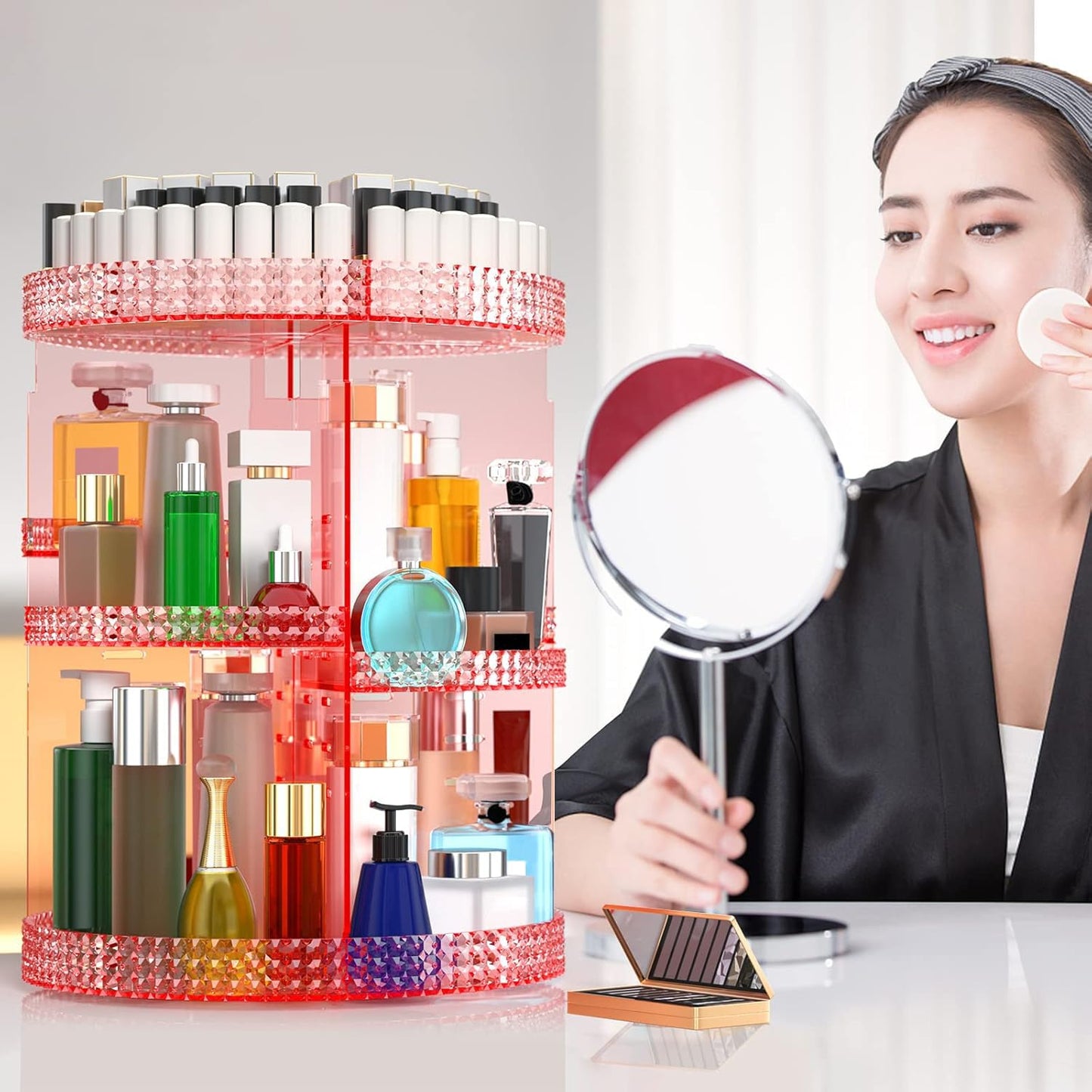 Famitree Pink 360 Makeup Organizer Carousel, Organizador De Perfumes, Acrylic Make Up Organizer, Large 7 Layers 360 Makeup Organizer, Fits Makeup Brushes, Lipsticks, Bathroom, Vanity, Plus Size Pink