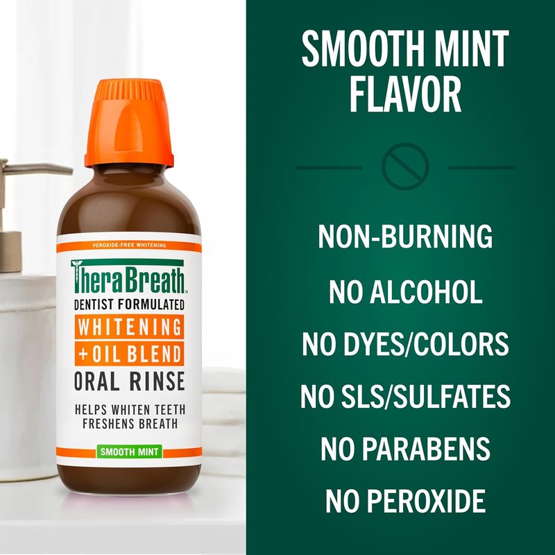TheraBreath Whitening Oral Rinse - Alcohol-Free Mouthwash for Whiter Teeth & Fresh Breath | Smooth Mint, 16 Fl Oz
