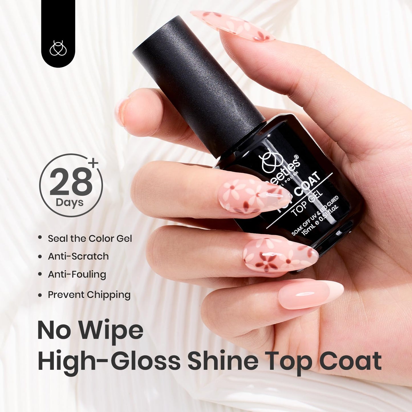 Beetles 2Pcs 15ml Peel Off Base Coat and Top Coat Set, Easy Removal Gel Nail Polish, UV LED Lamp Cured Base, Without Damage for Beginners Weak Thin Nails
