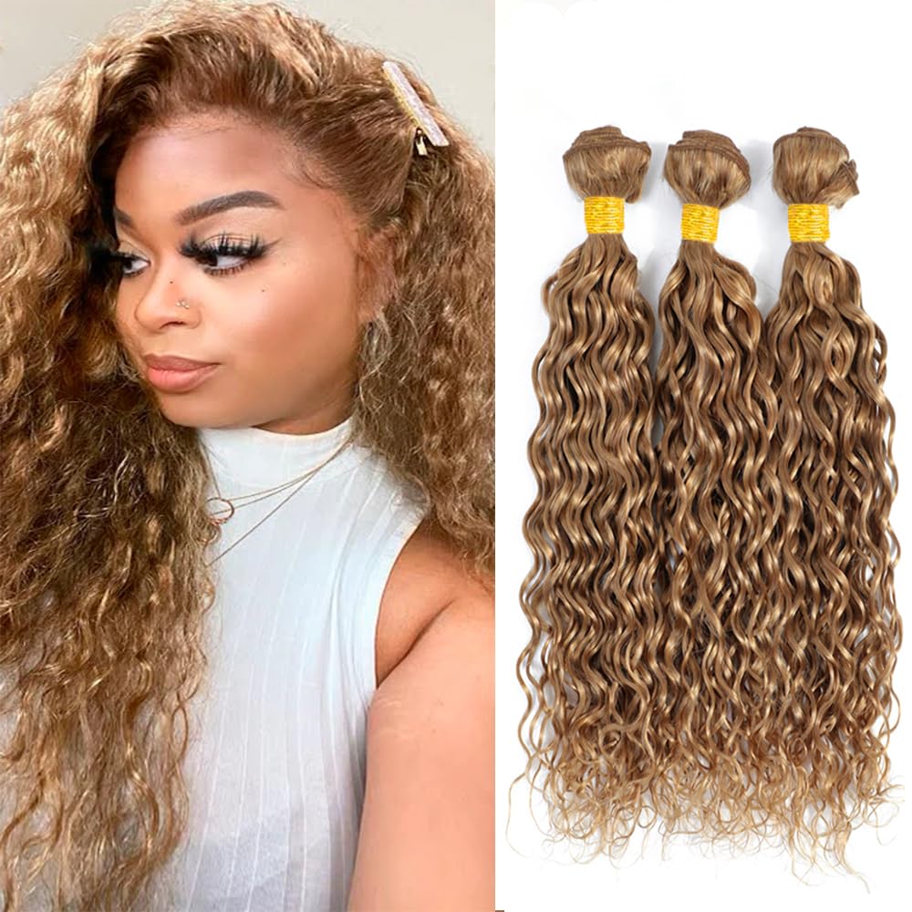 Biliisyff Honey Blonde Bundles Human Hair Color 27 Water Wave Bundles Human Hair Brazilian Virgin Hair Honey Blonde Water Wave Bundles For Black Women 8 10 12 Inch