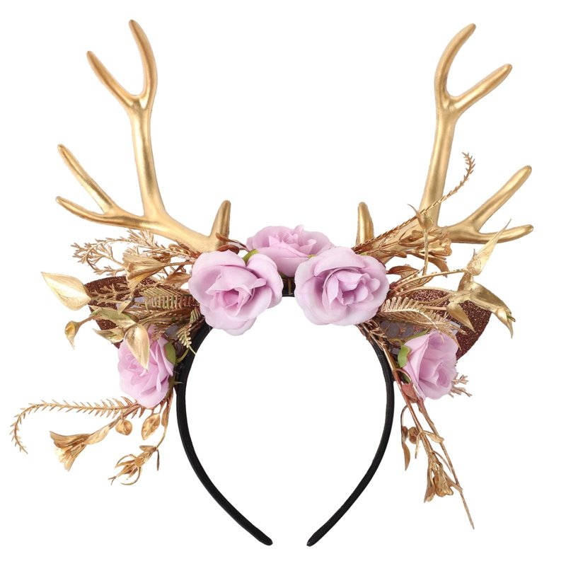 SalLady Christmas Reindeer Ear Headband - Golden Flower Antler Hairband, Woodland Floral Antler Headpiece for Women, Elk Headwear for Holiday Birthday Party Photo Props