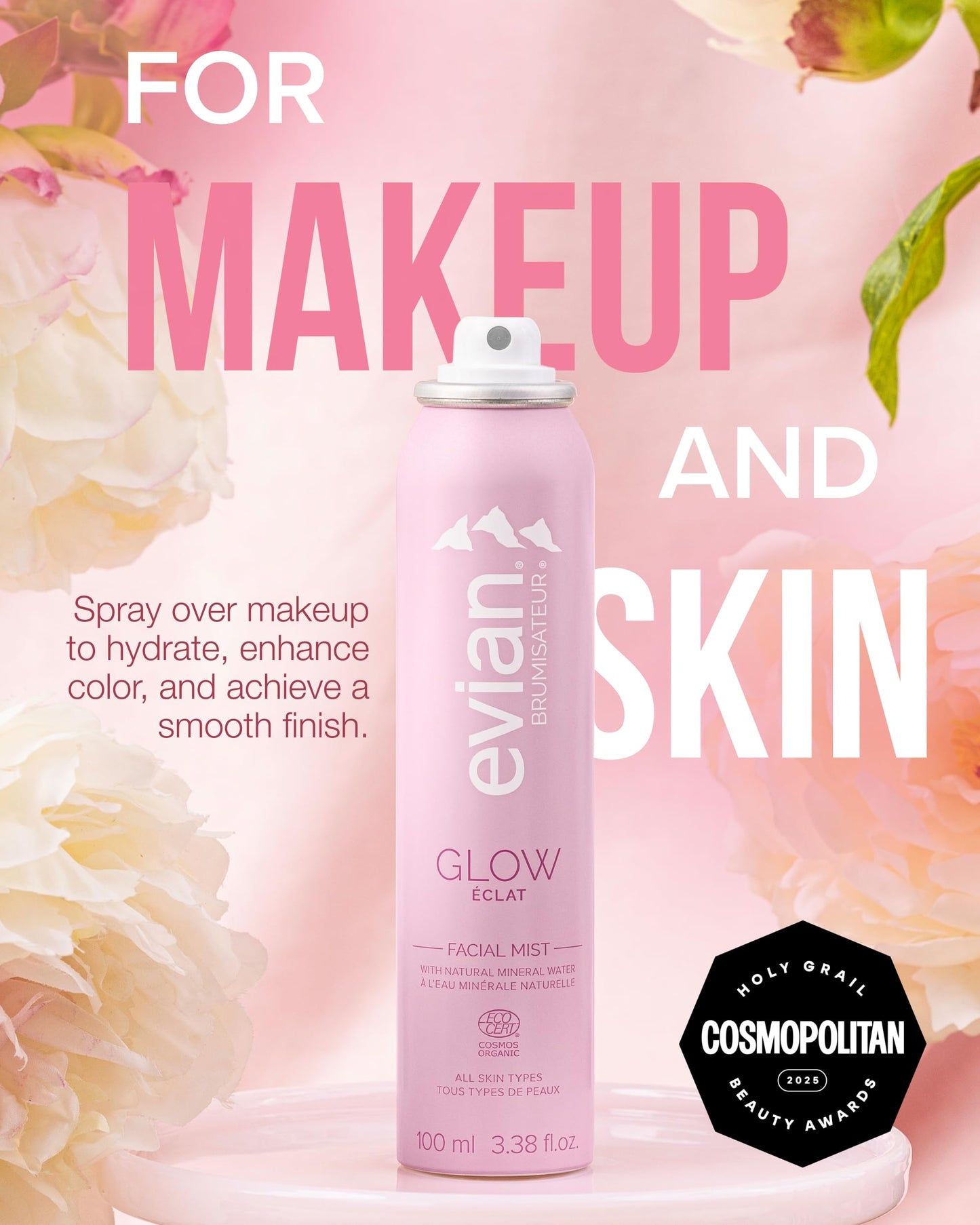 Evian Glow Facial Mist | Hydrating Mineral Water Face Spray with Aloe & White Tea | Dewy Setting Mist & Toner for Glowing Skin | Facial Spray to Refresh, Balance, & Enhance Makeup